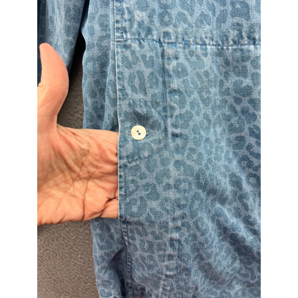Soft Surroundings Shirt Womens 1X Blue Leopard Print Denim Shirt Roll Tab Sleeve - Picture 2 of 12